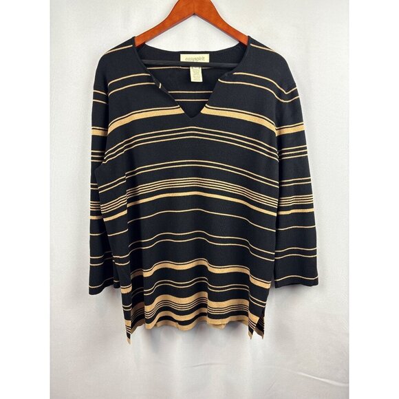 Women’s Easy Spirit Size Large Black & Sand Striped Long Sleeve Blouse - Picture 1 of 4